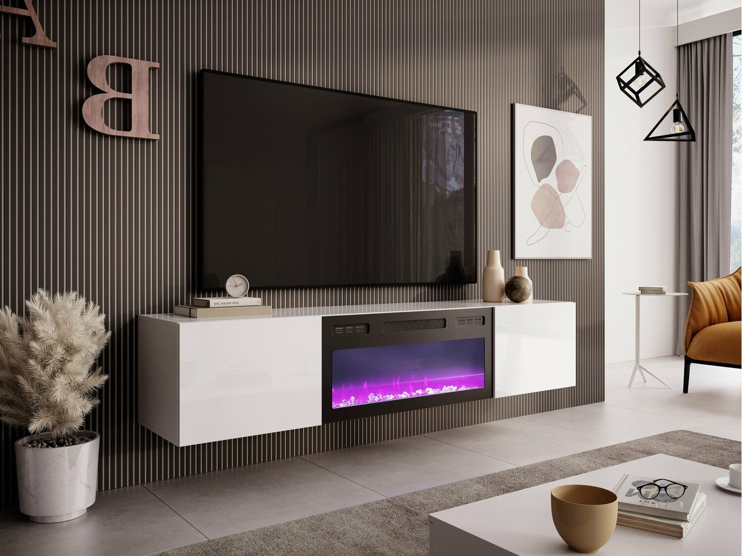 TV staliukas LIVO RTV 180 TV staliukas with židinys, balta V-PL-LIVO-RTV-180W-K-BIAŁY