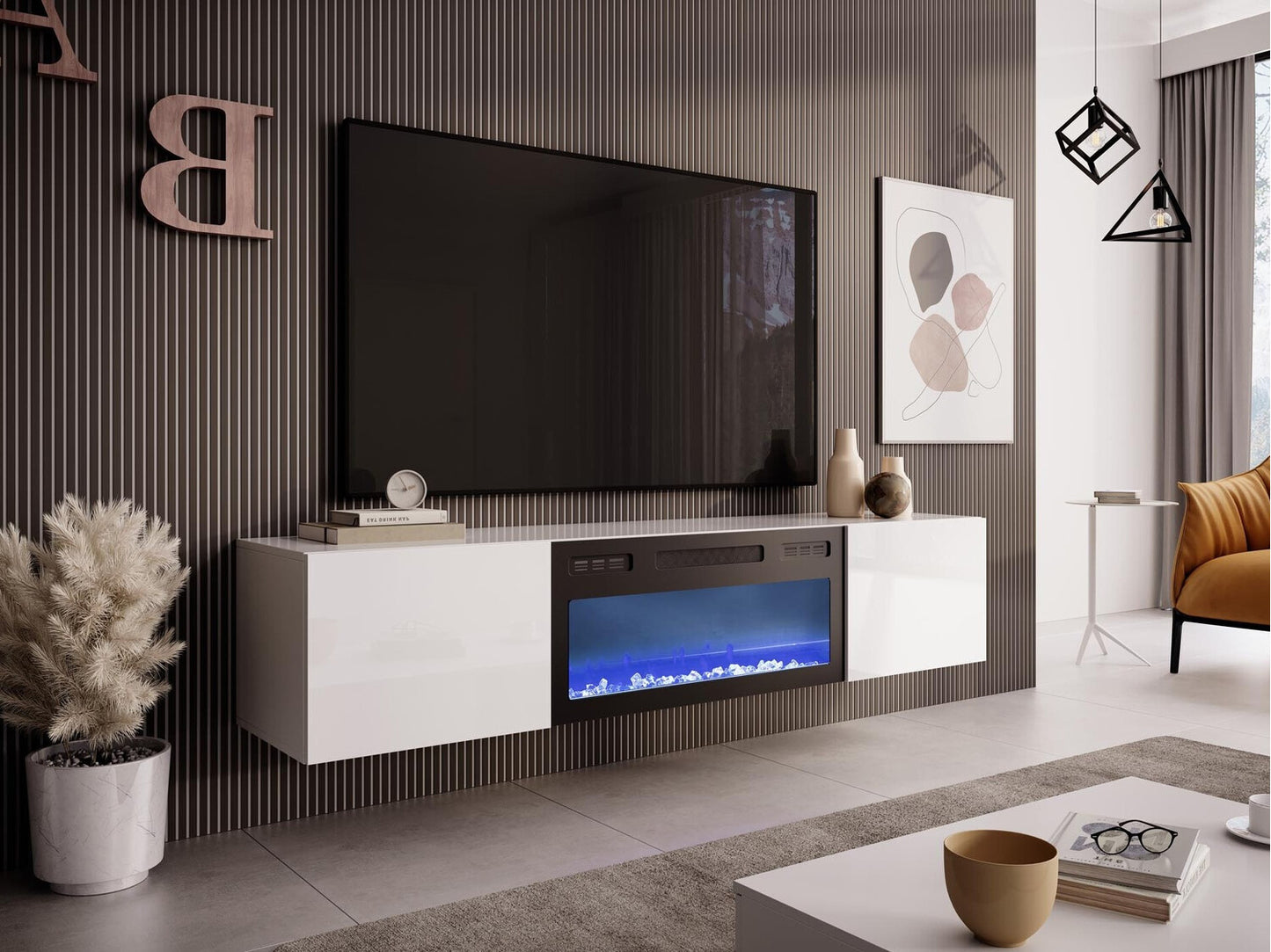 TV staliukas LIVO RTV 180 TV staliukas with židinys, balta V-PL-LIVO-RTV-180W-K-BIAŁY