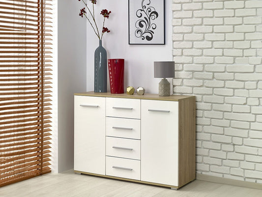 Komoda Lima KM-4, Spalva: Sonomos ąžuolas + Blizgi balta