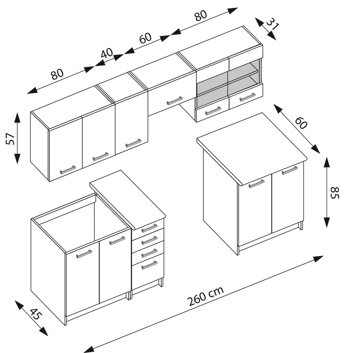 Virtuvės komplektas AMANDA 260, Spalva: Tamsus ąžuolas + Šviesus ąžuolas