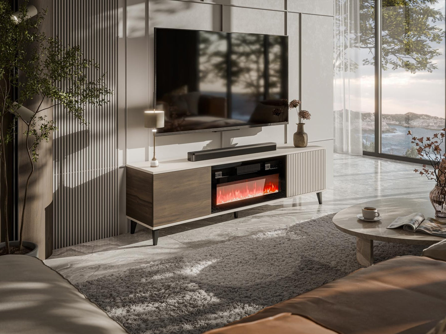 TV staliukas RANDOM 2 RTV-K TV staliukas with židinys 180 cm, kašmyras / graikinis riešutas / juoda V-PL-RANDOM_2-RTV-K (Graikinis riešutas + Kašmyras) 4098161