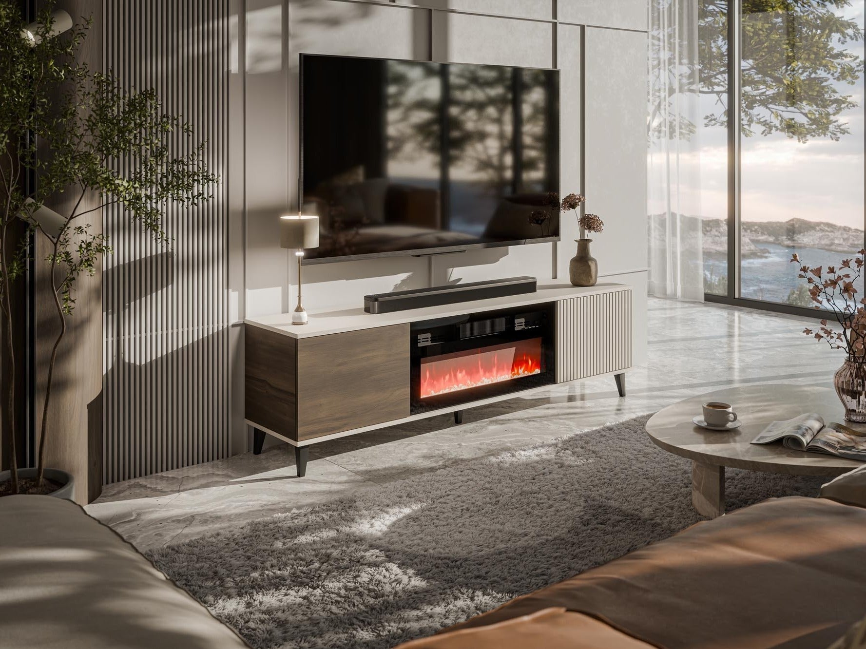 TV staliukas RANDOM 2 RTV-K TV staliukas with židinys 180 cm, kašmyras / graikinis riešutas / juoda V-PL-RANDOM_2-RTV-K (Graikinis riešutas + Kašmyras) 4098161