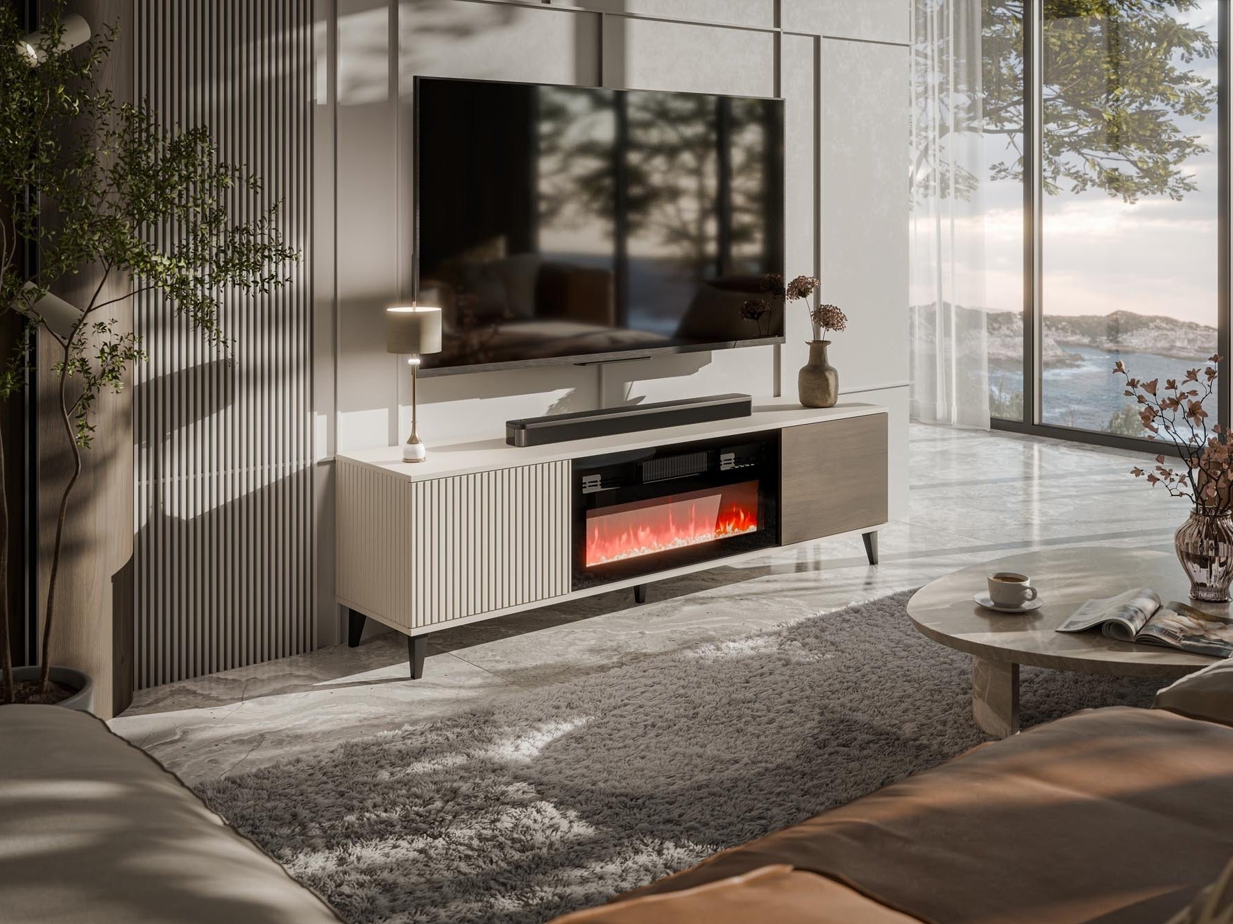 TV staliukas RANDOM 2 RTV-K TV staliukas with židinys 180 cm, kašmyras / graikinis riešutas / juoda V-PL-RANDOM_2-RTV-K (Graikinis riešutas + Kašmyras) 4098162