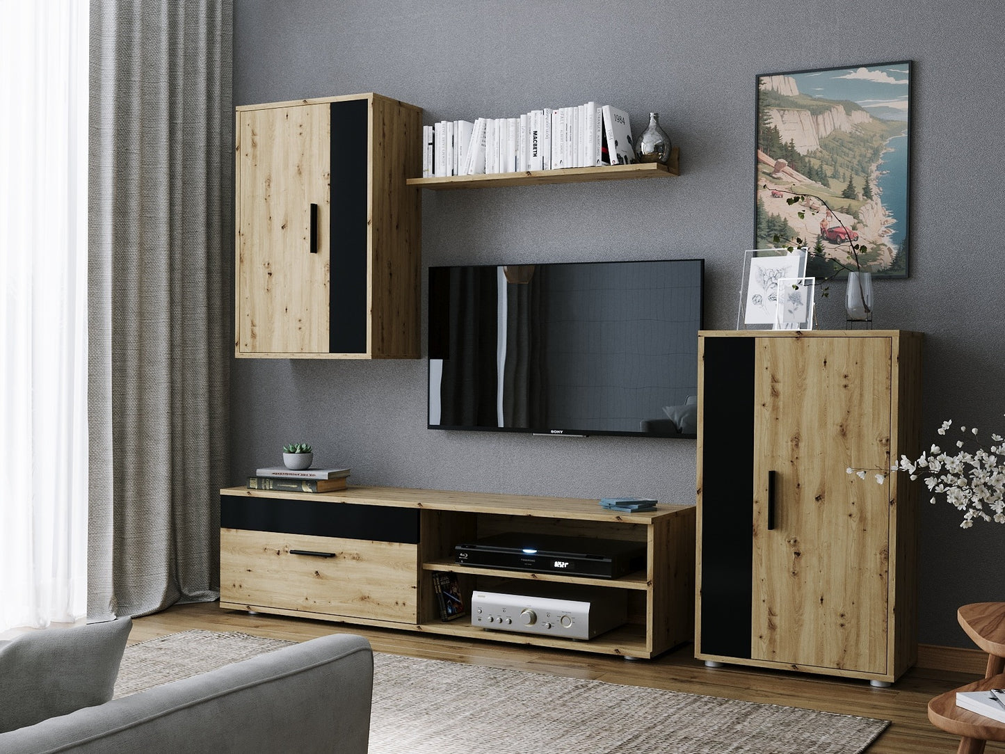 Svetainės komplektas BENSON komplektas color: artisan ąžuolas / juoda V-UA-BENSON-ARTISAN/CZARNY (Juoda + Artisan ąžuolas)